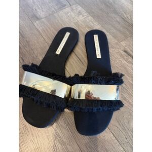 Zara Trafaluc Black Gold Fringe Slide Sandals Flat Slip On Womens Size 40 US‎ 9